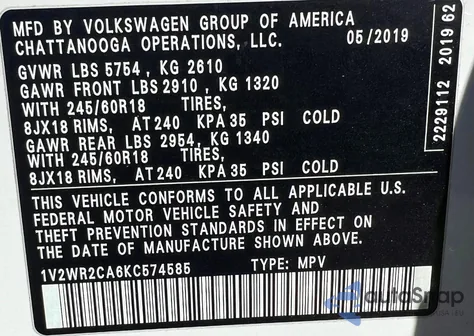 2019 Volkswagen Atlas Se from USA, damaged, VIN 1V2WR2CA6KC574585